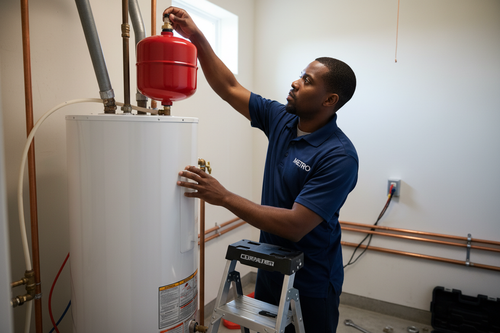 black-plumber-in-navy-polo-that-says-metro-installing-expansion tank on top of water-heater