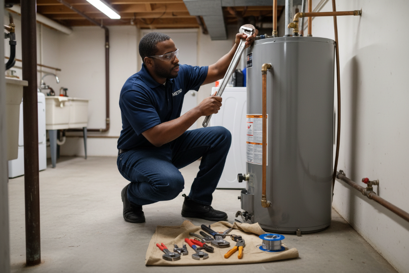 black plumber in navy polo that says metro installing water heater