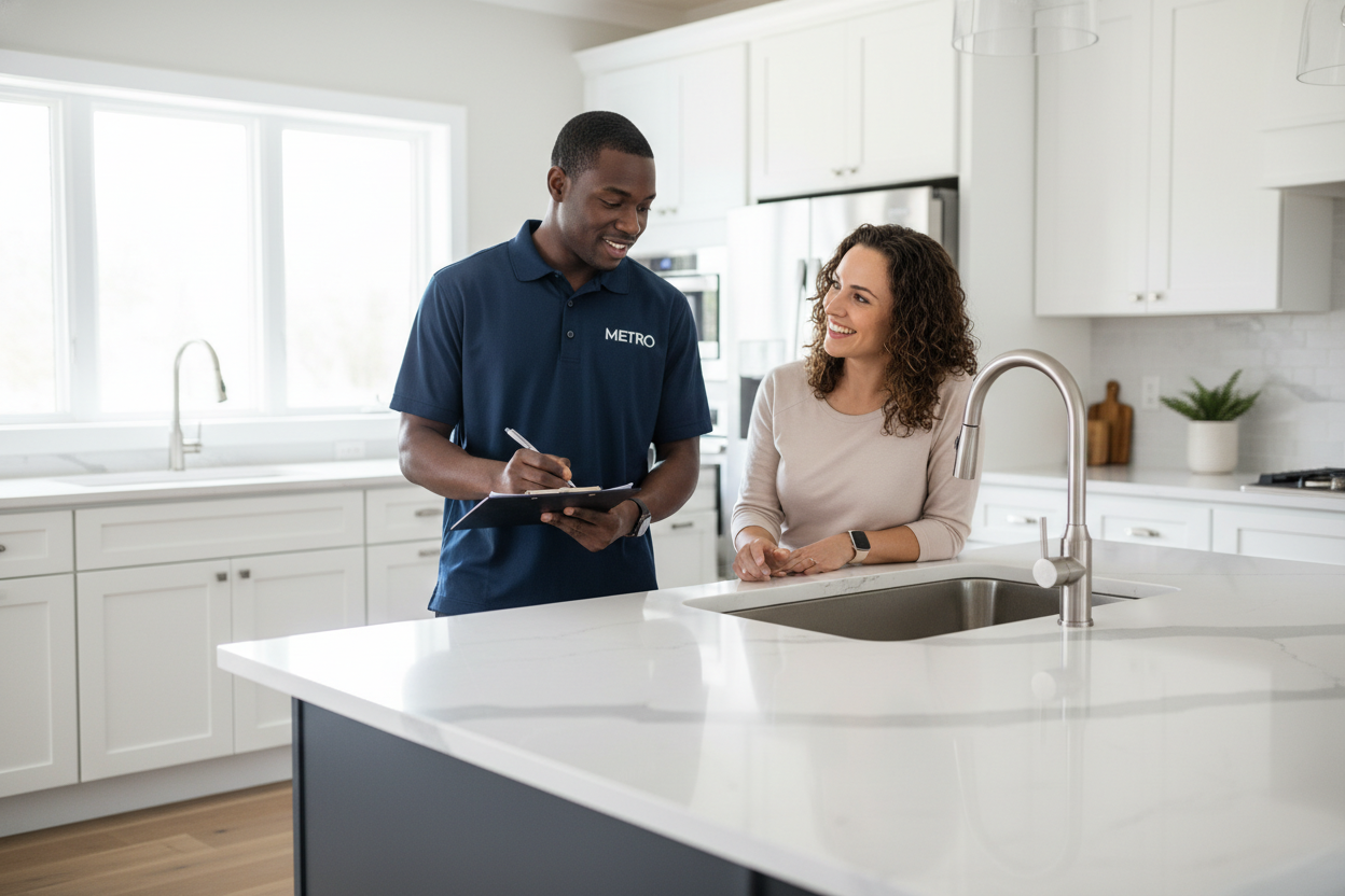 black-plumber-in-navy-polo-that-says-metro-taking notes and talking to female customer staning near kitchen island