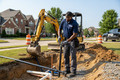 black-plumber-wearing-a-navy-polo-shirt-with-metro-on-it-installing-a-residential-waterline outside with small backhoe